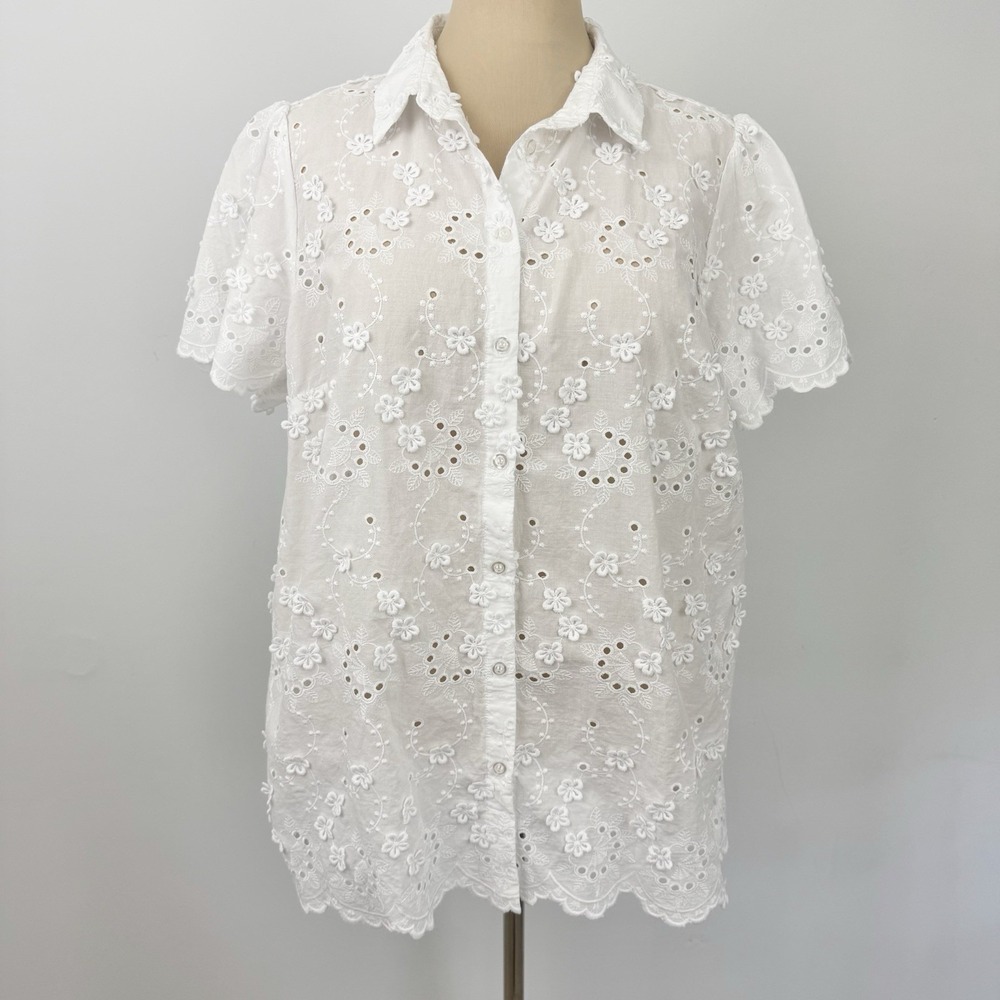 SUSAN GRAVER Pure Eyelet Applique 3D Button Front SHIRT Top 1X White Lace - Picture 4 of 14